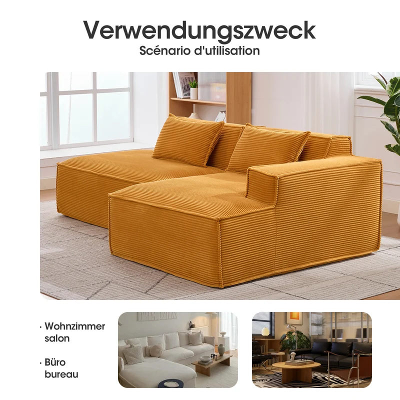 Canapé d'angle 3 places en velours côtelé orange design panoramique (235 cm) CASCADEMERI