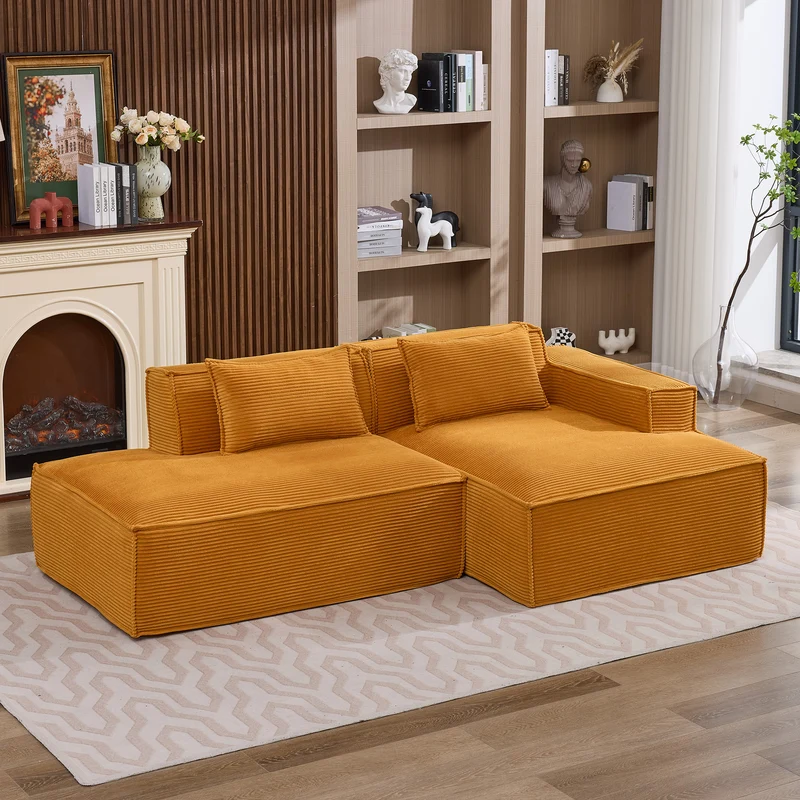 Canapé d'angle 3 places en velours côtelé orange design panoramique (235 cm) CASCADEMERI