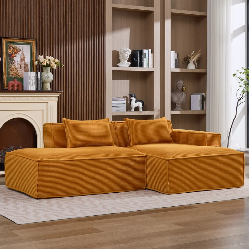 Canapé d'angle 3 places en velours côtelé orange design panoramique (235 cm) CASCADEMERI