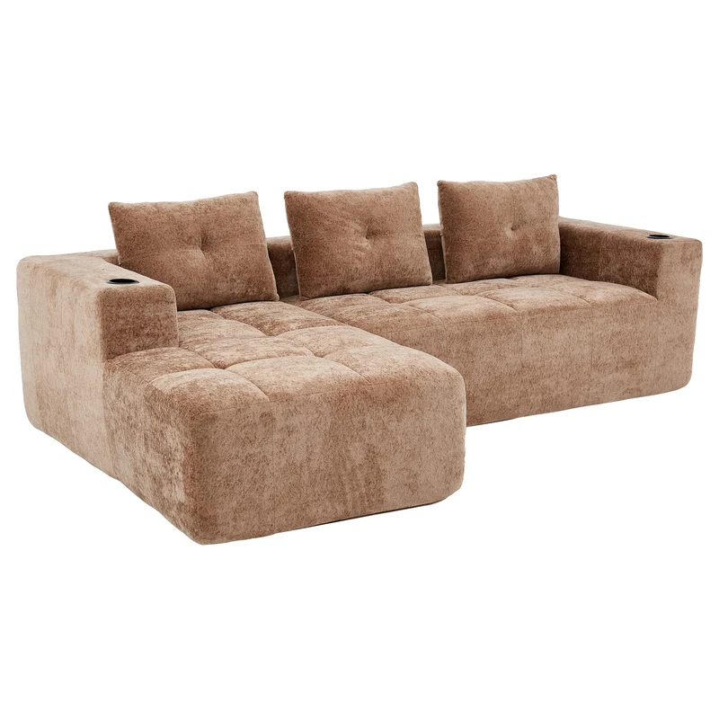 Canapé d'angle 3 places en chenille marron clair avec meridienne et portes-gobelets 258 cm CASCADECLARRR