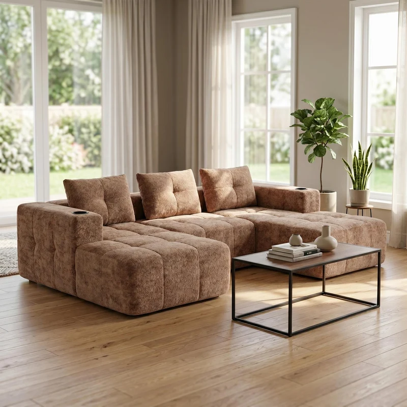 Canapé d'angle 3 places en chenille marron clair avec meridienne et portes-gobelets 258 cm CASCADECLARRR