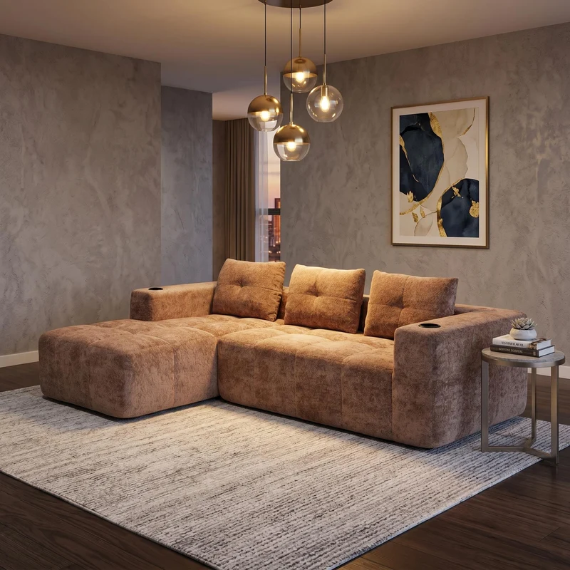 Canapé d'angle 3 places en chenille marron clair avec meridienne et portes-gobelets 258 cm CASCADECLARRR