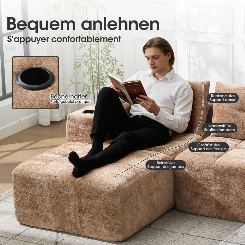 Canapé d'angle 3 places en chenille marron clair avec meridienne et portes-gobelets 258 cm CASCADECLARRR