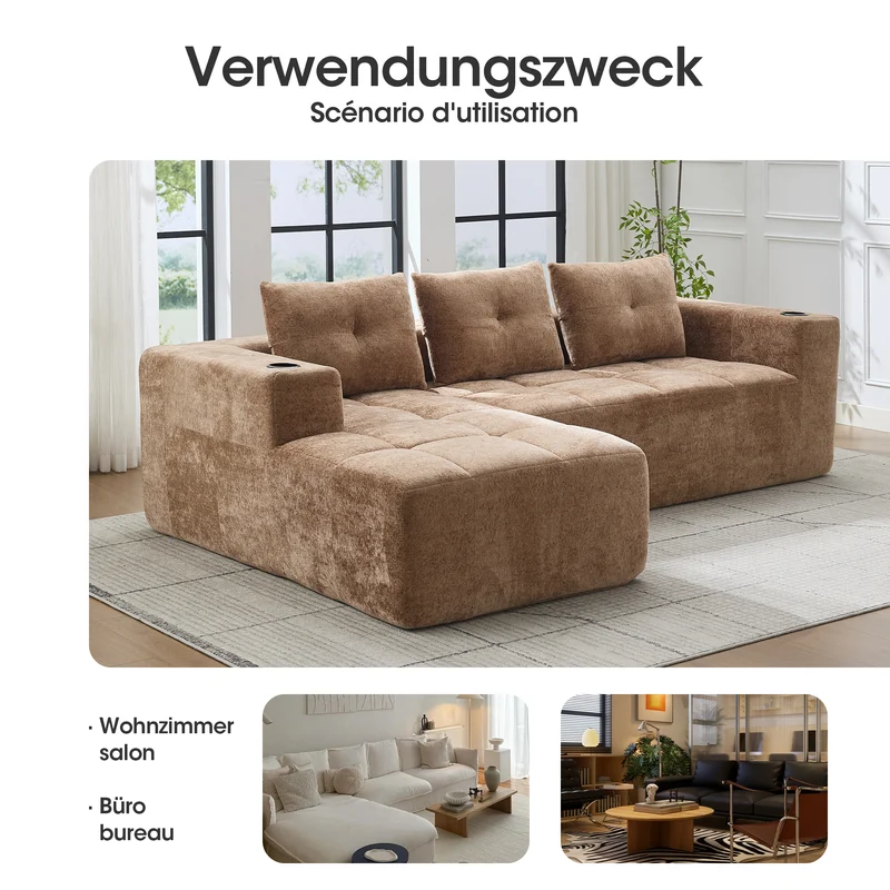 Canapé d'angle 3 places en chenille marron clair avec meridienne et portes-gobelets 258 cm CASCADECLARRR