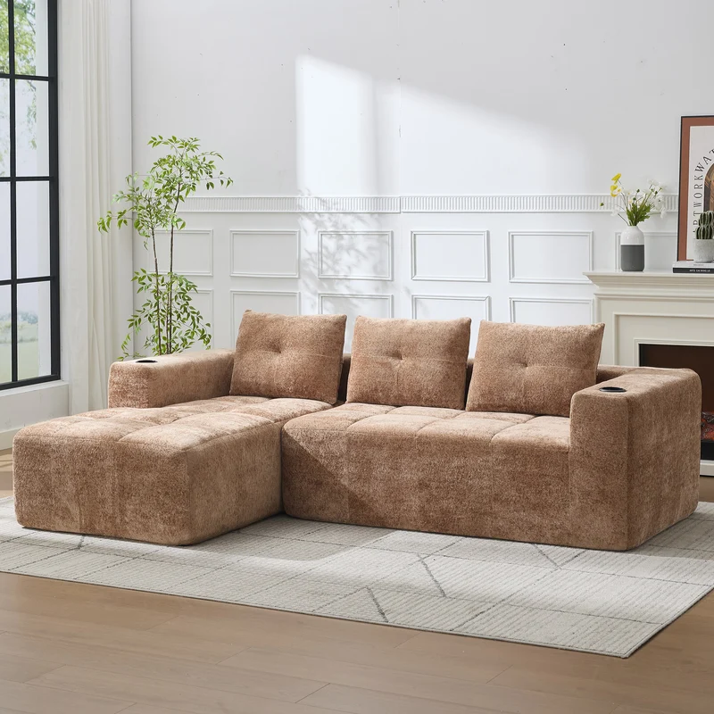 Canapé d'angle 3 places en chenille marron clair avec meridienne et portes-gobelets 258 cm CASCADECLARRR