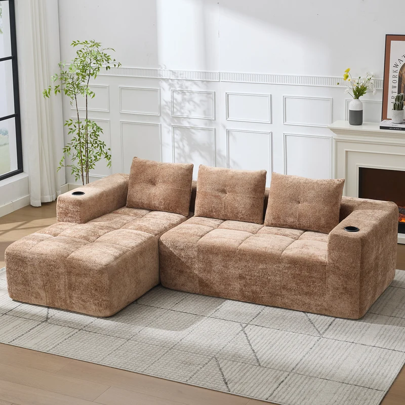Canapé d'angle 3 places en chenille marron clair avec meridienne et portes-gobelets 258 cm CASCADECLARRR