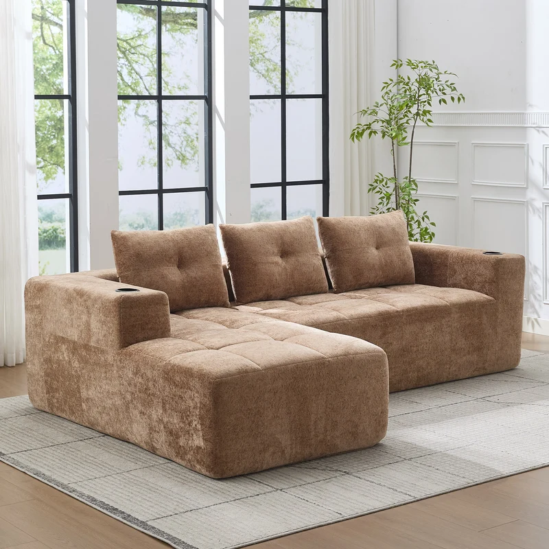 Canapé d'angle 3 places en chenille marron clair avec meridienne et portes-gobelets 258 cm CASCADECLARRR