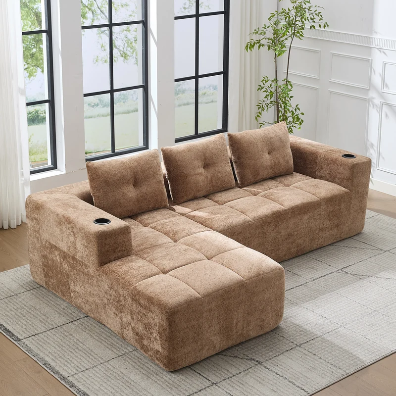 Canapé d'angle 3 places en chenille marron clair avec meridienne et portes-gobelets 258 cm CASCADECLARRR