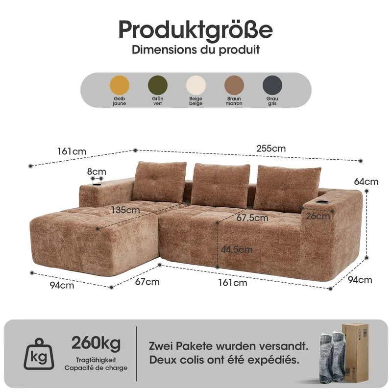 Canapé d'angle 3 places en chenille marron clair avec meridienne et portes-gobelets 258 cm CASCADECLARRR