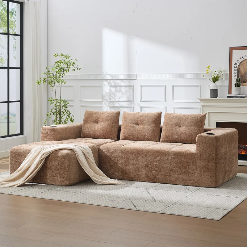 Canapé d'angle 3 places en chenille marron clair avec meridienne et portes-gobelets 258 cm CASCADECLARRR