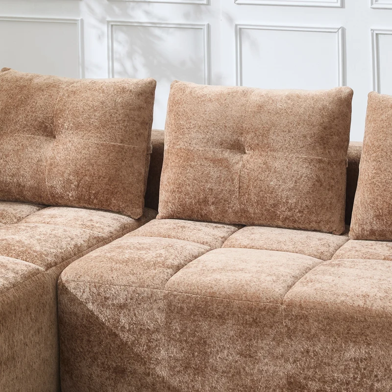 Canapé d'angle 3 places en chenille marron clair avec meridienne et portes-gobelets 258 cm CASCADECLARRR
