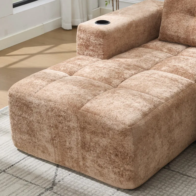 Canapé d'angle 3 places en chenille marron clair avec meridienne et portes-gobelets 258 cm CASCADECLARRR