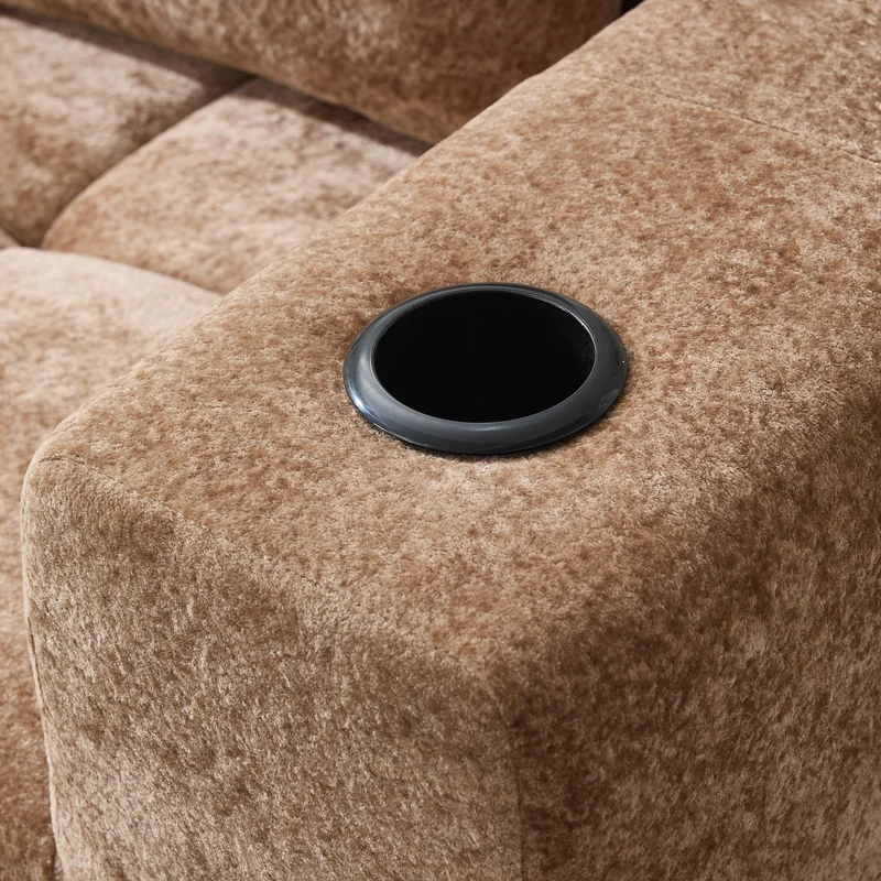 Canapé d'angle 3 places en chenille marron clair avec meridienne et portes-gobelets 258 cm CASCADECLARRR
