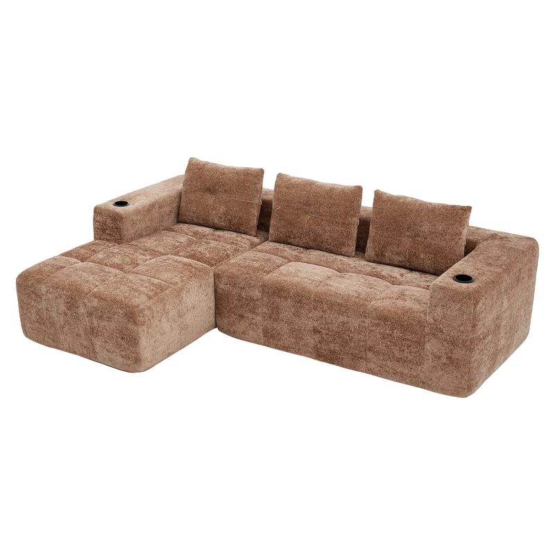 Canapé d'angle 3 places en chenille marron clair avec meridienne et portes-gobelets 258 cm CASCADECLARRR