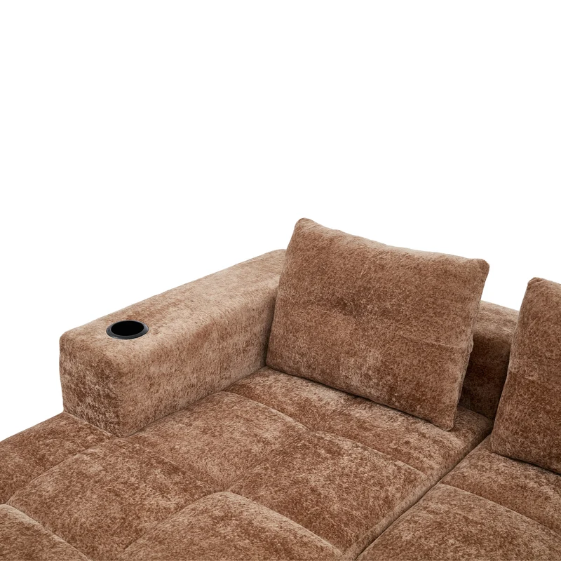 Canapé d'angle 3 places en chenille marron clair avec meridienne et portes-gobelets 258 cm CASCADECLARRR