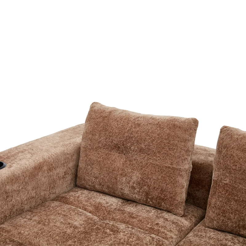 Canapé d'angle 3 places en chenille marron clair avec meridienne et portes-gobelets 258 cm CASCADECLARRR