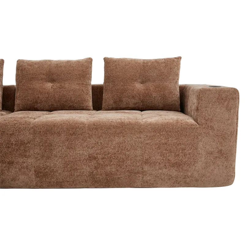 Canapé d'angle 3 places en chenille marron clair avec meridienne et portes-gobelets 258 cm CASCADECLARRR