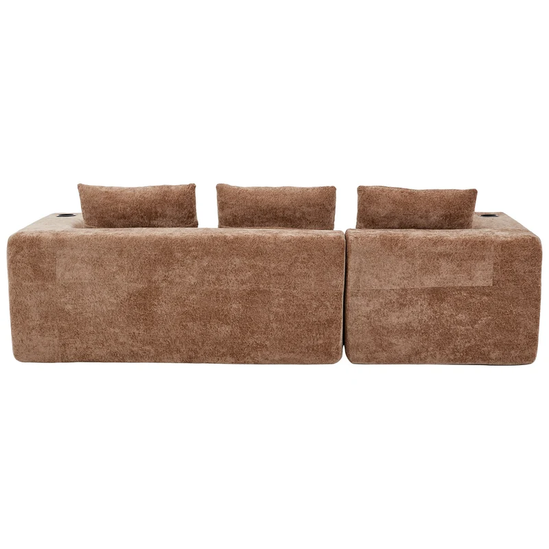 Canapé d'angle 3 places en chenille marron clair avec meridienne et portes-gobelets 258 cm CASCADECLARRR
