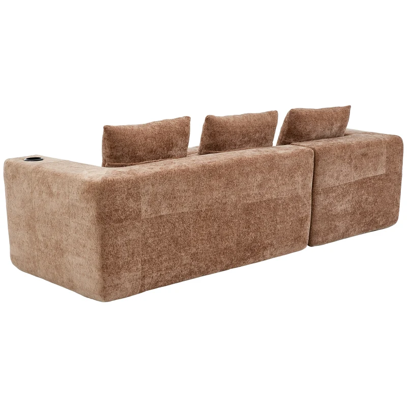 Canapé d'angle 3 places en chenille marron clair avec meridienne et portes-gobelets 258 cm CASCADECLARRR