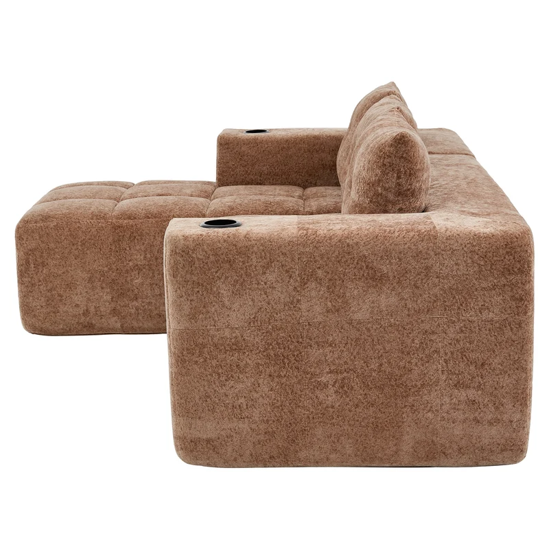Canapé d'angle 3 places en chenille marron clair avec meridienne et portes-gobelets 258 cm CASCADECLARRR