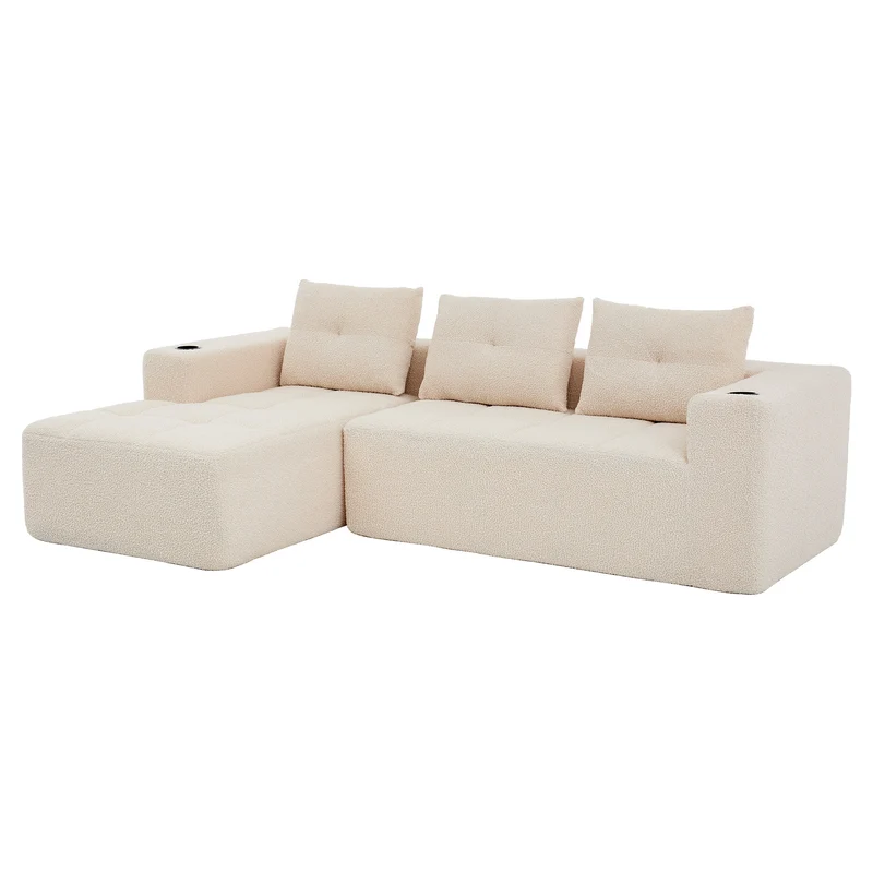Canapé d'angle 3 places en chenille beige avec meridienne et portes-gobelets 258 cm CASCADECASCDD