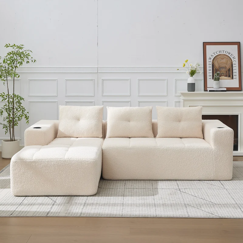 Canapé d'angle 3 places en chenille beige avec meridienne et portes-gobelets 258 cm CASCADECASCDD