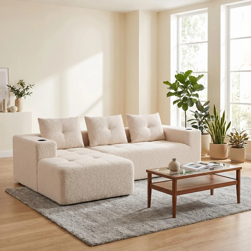 Canapé d'angle 3 places en chenille beige avec meridienne et portes-gobelets 258 cm CASCADECASCDD