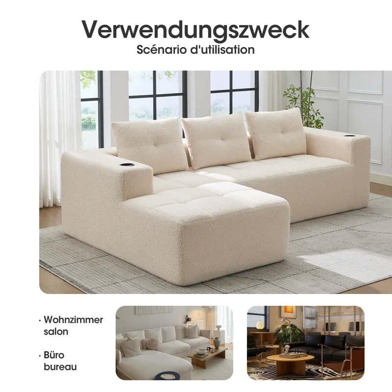 Canapé d'angle 3 places en chenille beige avec meridienne et portes-gobelets 258 cm CASCADECASCDD