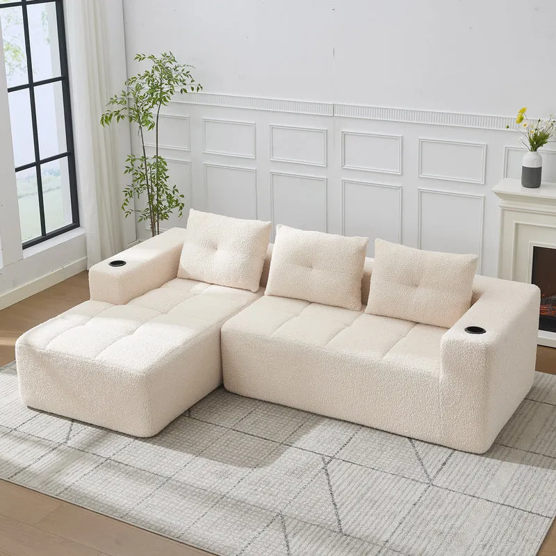 Canapé d'angle 3 places en chenille beige avec meridienne et portes-gobelets 258 cm CASCADECASCDD