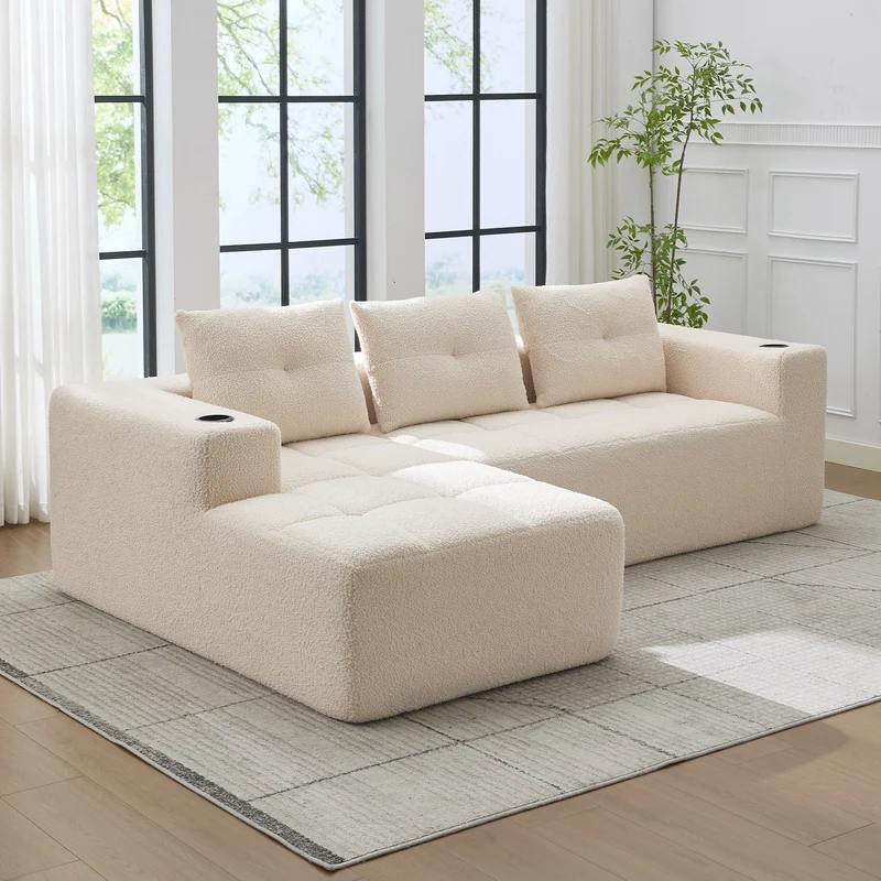 Canapé d'angle 3 places en chenille beige avec meridienne et portes-gobelets 258 cm CASCADECASCDD
