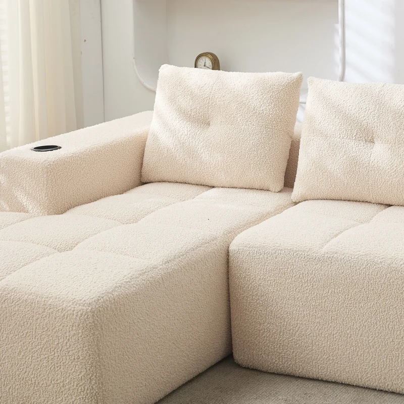 Canapé d'angle 3 places en chenille beige avec meridienne et portes-gobelets 258 cm CASCADECASCDD