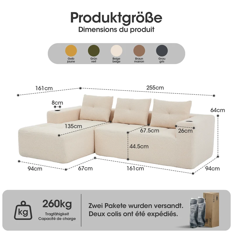 Canapé d'angle 3 places en chenille beige avec meridienne et portes-gobelets 258 cm CASCADECASCDD
