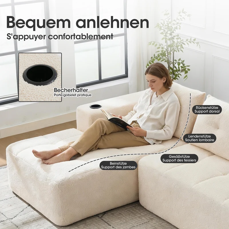 Canapé d'angle 3 places en chenille beige avec meridienne et portes-gobelets 258 cm CASCADECASCDD