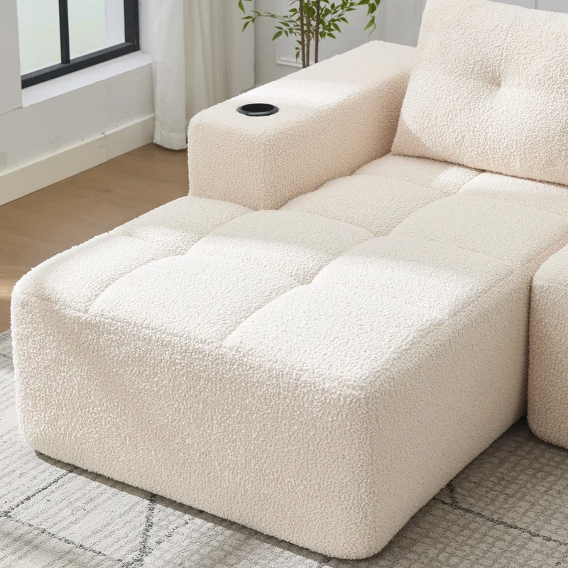 Canapé d'angle 3 places en chenille beige avec meridienne et portes-gobelets 258 cm CASCADECASCDD