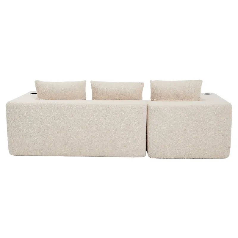 Canapé d'angle 3 places en chenille beige avec meridienne et portes-gobelets 258 cm CASCADECASCDD