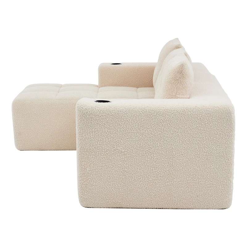 Canapé d'angle 3 places en chenille beige avec meridienne et portes-gobelets 258 cm CASCADECASCDD