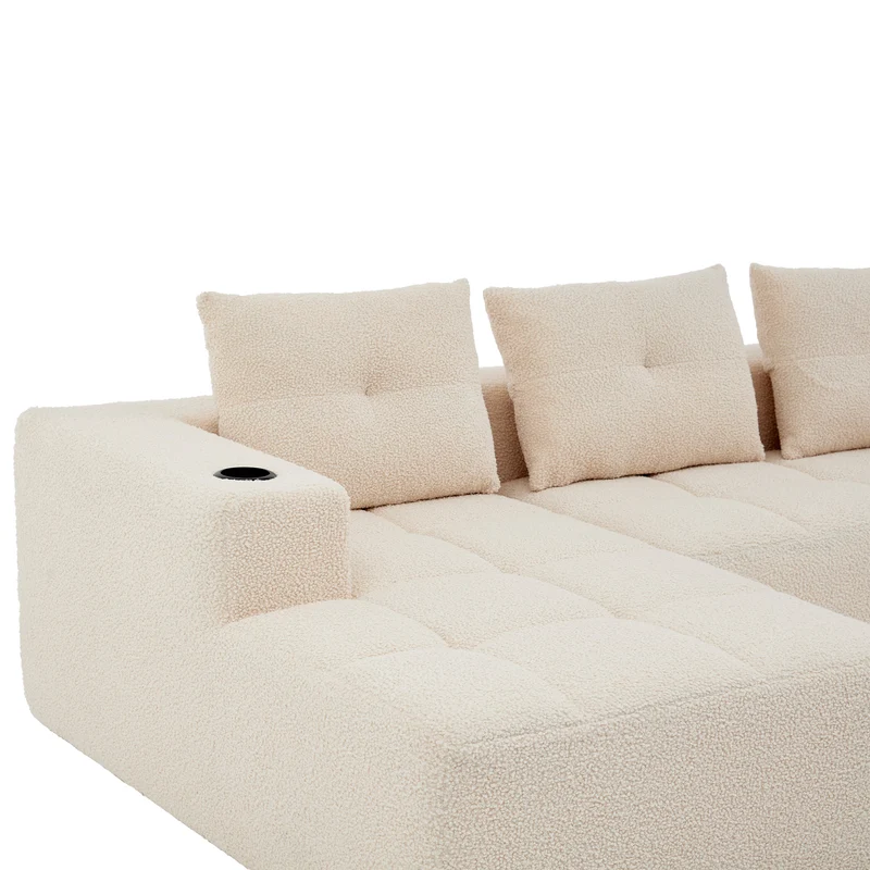 Canapé d'angle 3 places en chenille beige avec meridienne et portes-gobelets 258 cm CASCADECASCDD