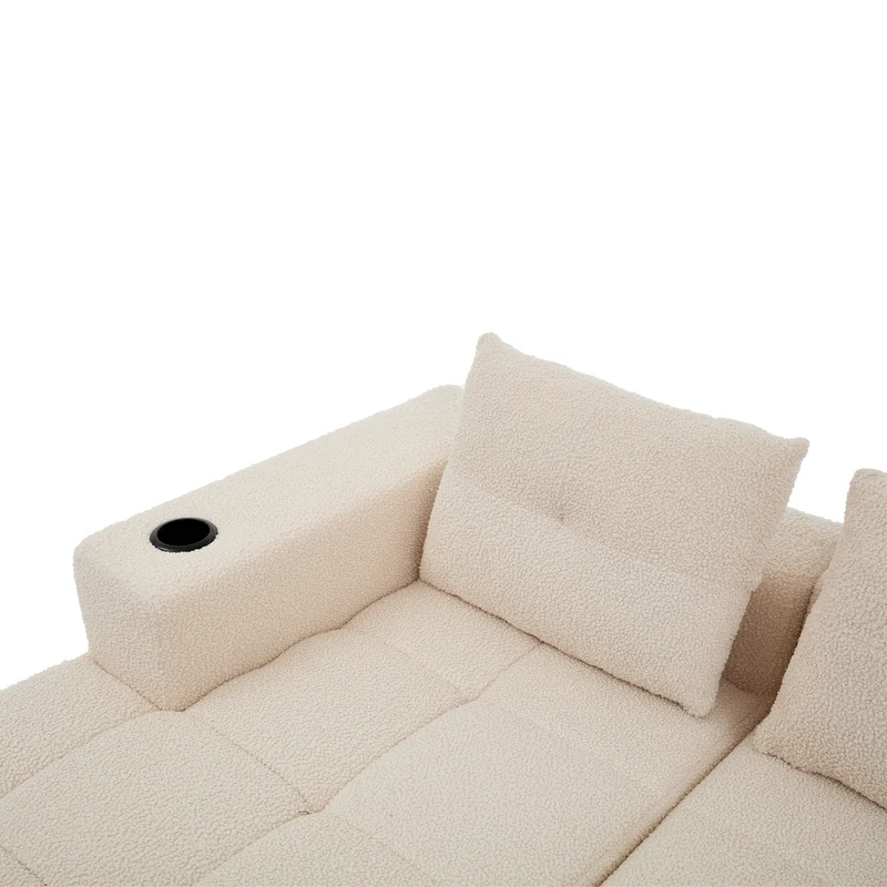 Canapé d'angle 3 places en chenille beige avec meridienne et portes-gobelets 258 cm CASCADECASCDD