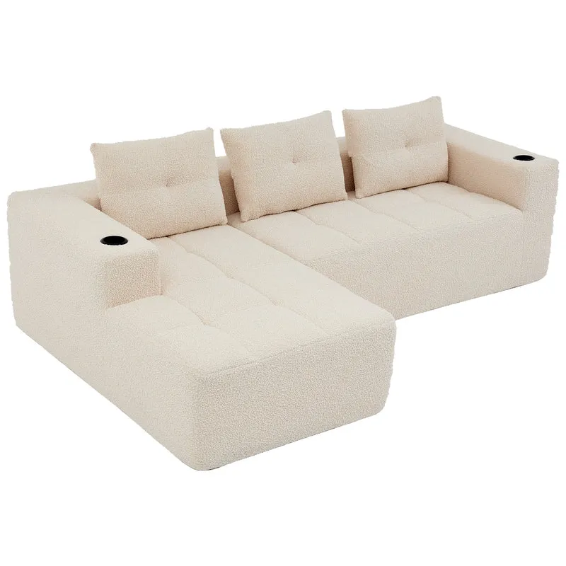 Canapé d'angle 3 places en chenille beige avec meridienne et portes-gobelets 258 cm CASCADECASCDD
