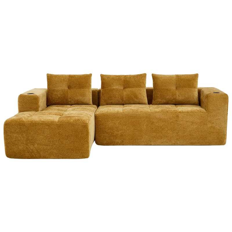 Canapé d'angle 3 places en chenille jaune moutard avec meridienne et portes-gobelets 258 cm CASCADEQUAZZ