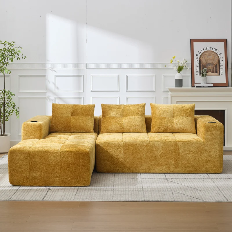 Canapé d'angle 3 places en chenille jaune moutard avec meridienne et portes-gobelets 258 cm CASCADEQUAZZ