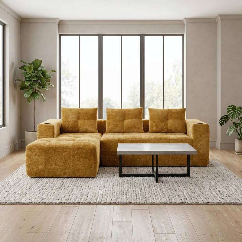 Canapé d'angle 3 places en chenille jaune moutard avec meridienne et portes-gobelets 258 cm CASCADEQUAZZ