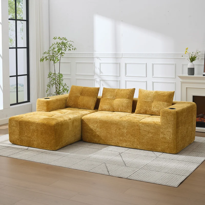 Canapé d'angle 3 places en chenille jaune moutard avec meridienne et portes-gobelets 258 cm CASCADEQUAZZ