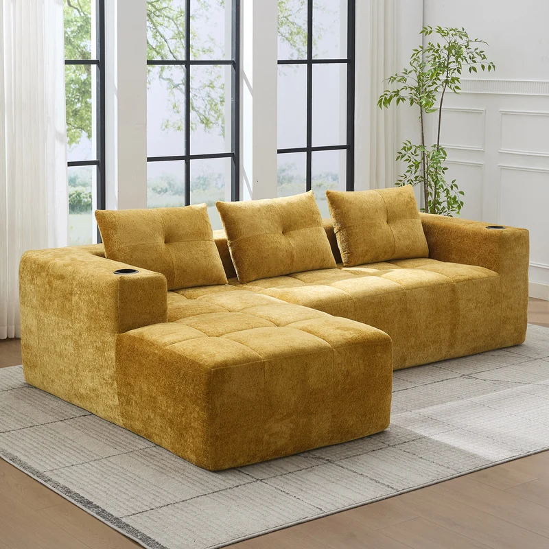 Canapé d'angle 3 places en chenille jaune moutard avec meridienne et portes-gobelets 258 cm CASCADEQUAZZ