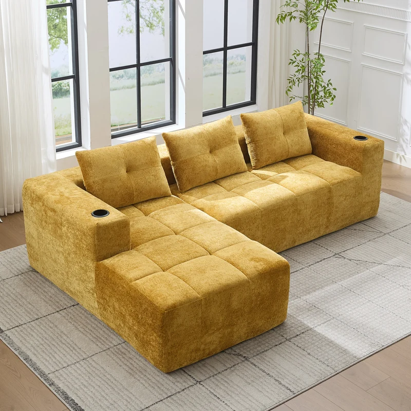 Canapé d'angle 3 places en chenille jaune moutard avec meridienne et portes-gobelets 258 cm CASCADEQUAZZ