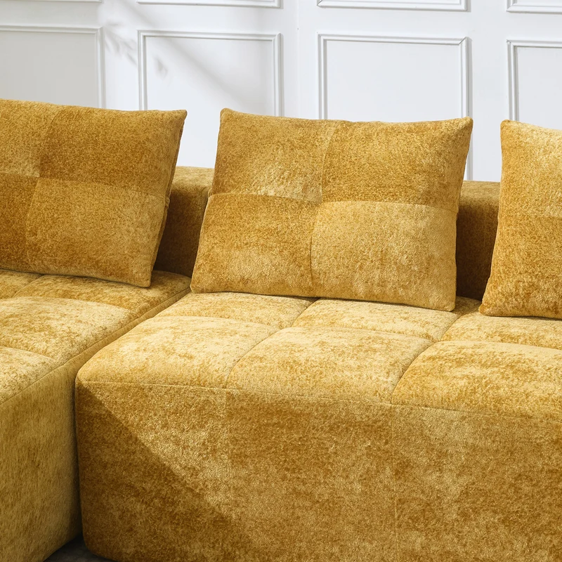 Canapé d'angle 3 places en chenille jaune moutard avec meridienne et portes-gobelets 258 cm CASCADEQUAZZ