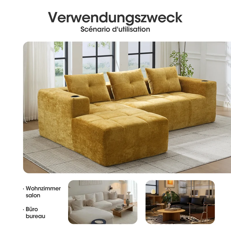 Canapé d'angle 3 places en chenille jaune moutard avec meridienne et portes-gobelets 258 cm CASCADEQUAZZ