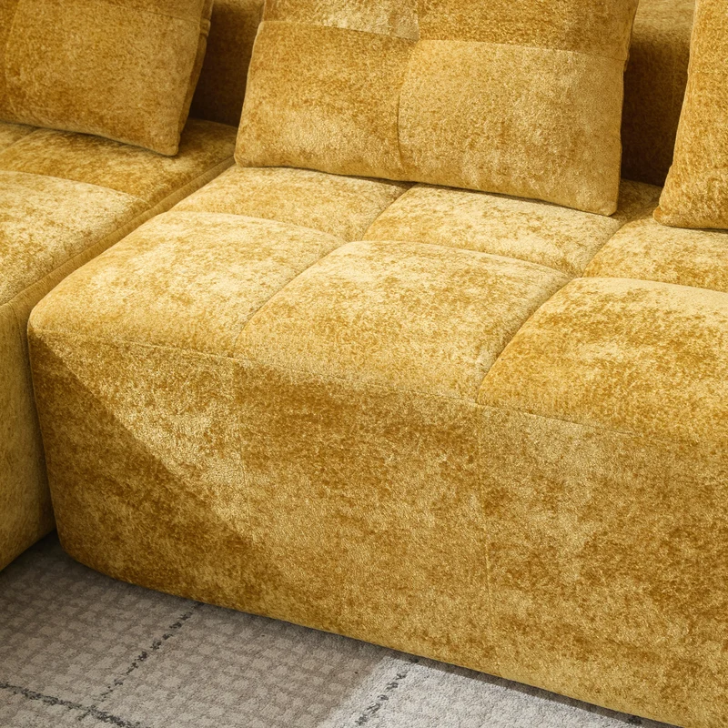 Canapé d'angle 3 places en chenille jaune moutard avec meridienne et portes-gobelets 258 cm CASCADEQUAZZ