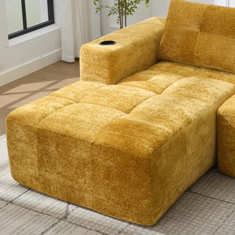 Canapé d'angle 3 places en chenille jaune moutard avec meridienne et portes-gobelets 258 cm CASCADEQUAZZ