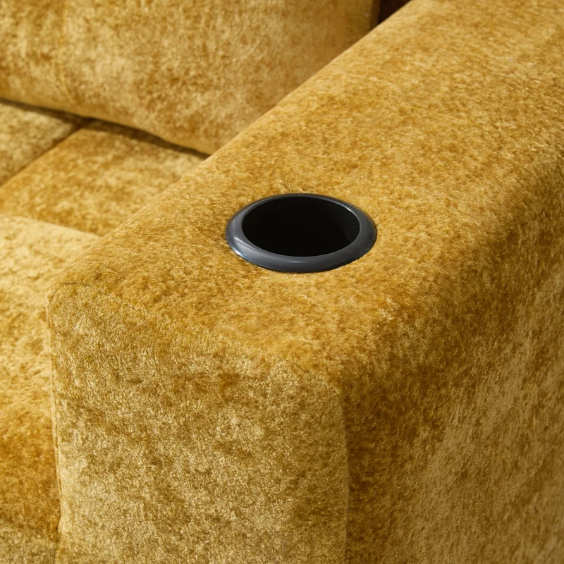 Canapé d'angle 3 places en chenille jaune moutard avec meridienne et portes-gobelets 258 cm CASCADEQUAZZ